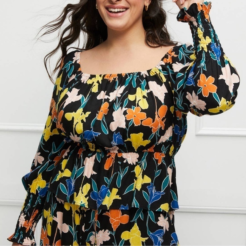 Eloquii Top Womens 14/16 Peasant Boho Babydoll Balloon Sleeve Stretch Milkmaid